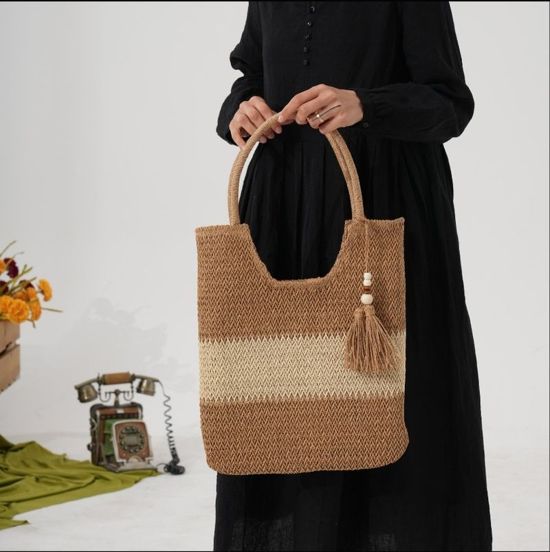 2025 Sommer Neue Colorblocking Stroh Damen Schulter Achseltasche, Handtasche, Urlaub Stil Strand Tasche Einkaufstasche_voghion.com