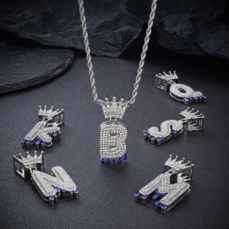 Men And Women's Jewelry Crown Clasp Teardrop Letter Pendant Hip Hop Necklace - Personalized Alphabet Charm With Diamond Accents, Twist Chain_voghion.com