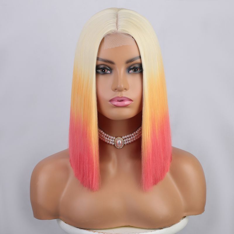 Ombre Rød Bob Paryk Til Kvinder Kort Glat Mellemdel Parykker Cosplay Fest Syntetisk Varmebestandigt Hår Skulderlang Paryk_voghion.com