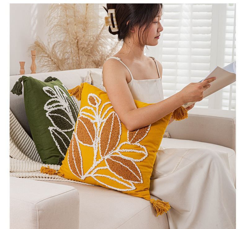 Federa per cuscino con ricamo a foglia - 45x45 cm in policotone per divano, letto, soggiorno - Arredamento moderno in stile bohémien_voghion.com