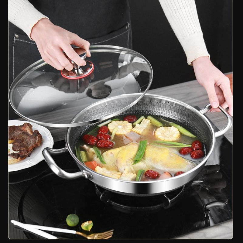 32cm 304 Stainless Steel Frying Pan Food Grade Non Stick Pan Honeycomb Pot Bottom Induction Cooker Gas Stove General Wok_voghion.com
