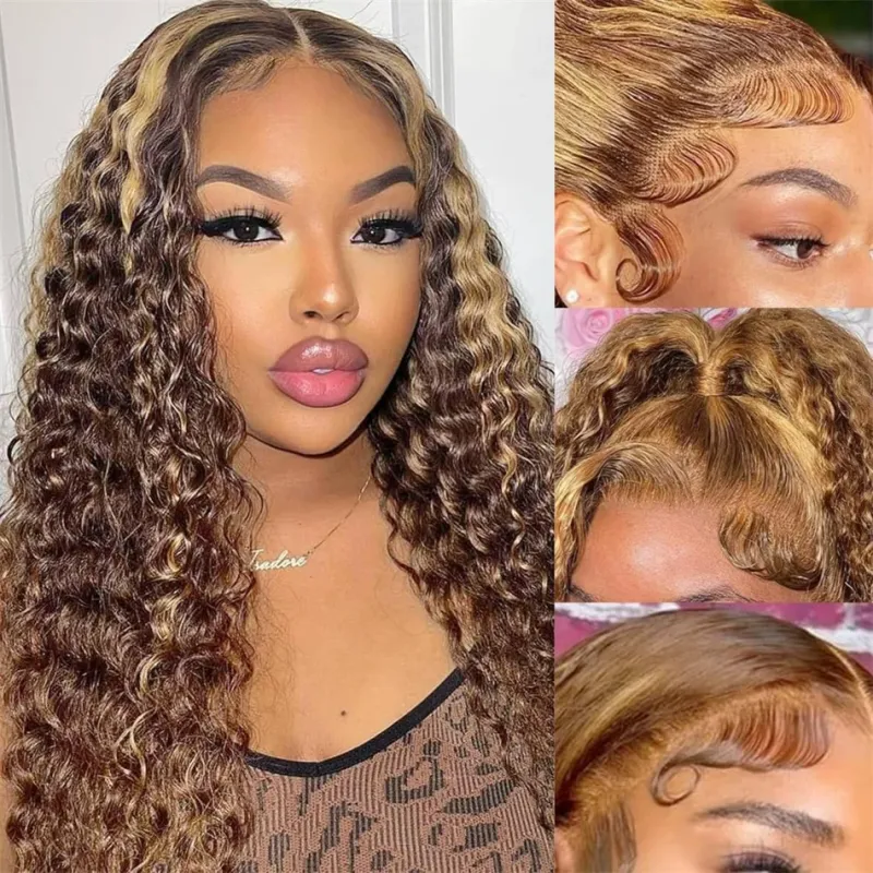 Parrucca di capelli umani con onde profonde, bionda miele, parrucca frontale in pizzo riccia, parrucche senza colla da donna_voghion.com