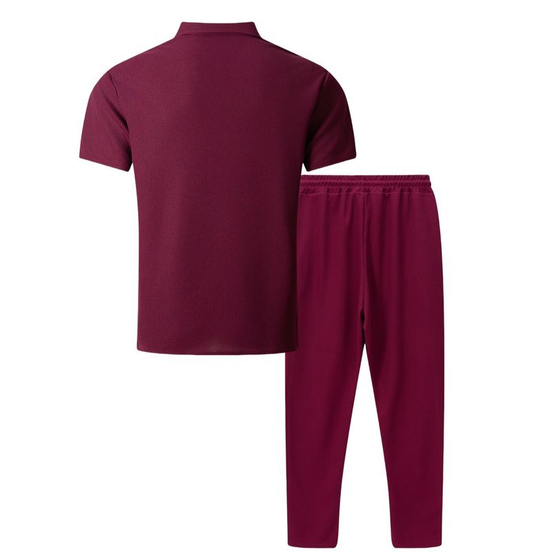 Men's Clothing Waffle Four Breasted Pocket Color Matching Short Sleeved Shirt And Trousers Two Piece Suit_voghion.com