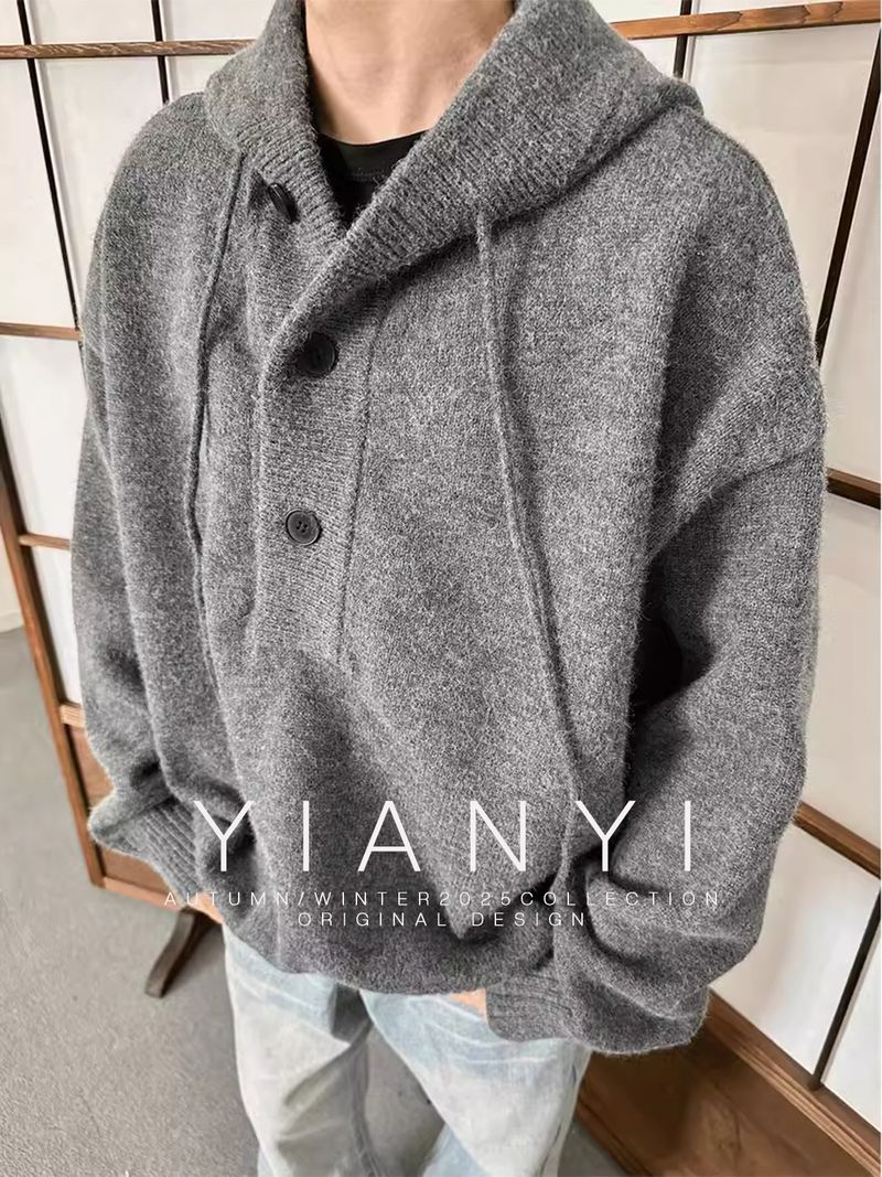 Herren Vintage Kapuzenpullover, Loose Fit Strick Hoodie für die Freizeit, Weiches Acrylmischgewebe, Schwarz/Grau _voghion.com