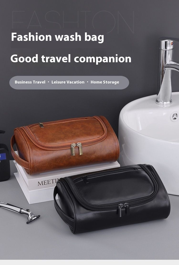 Neue handliche PU-Make-up-Tasche für Herren mit hochwertigem Gefühl, großer Kapazität, wasserdicht und tragbar, Reise-Pflegetasche, Aufbewahrungstasche_voghion.com