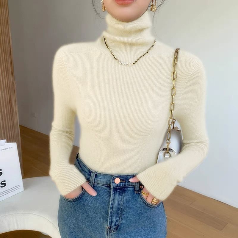 Women's Semi-Turtle Neck Knit Sweater - Core-Spun Yarn Fabric, Warm Winter Pullover, Slim Fit Long Sleeve Top For Layering, Elegant & Versatile_voghion.com