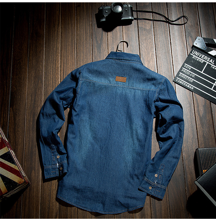 Giacca in denim a maniche lunghe slim fit primaverile e autunnale tinta unita, camicia da uomo in cotone sottile lavato con risvolto_voghion.com