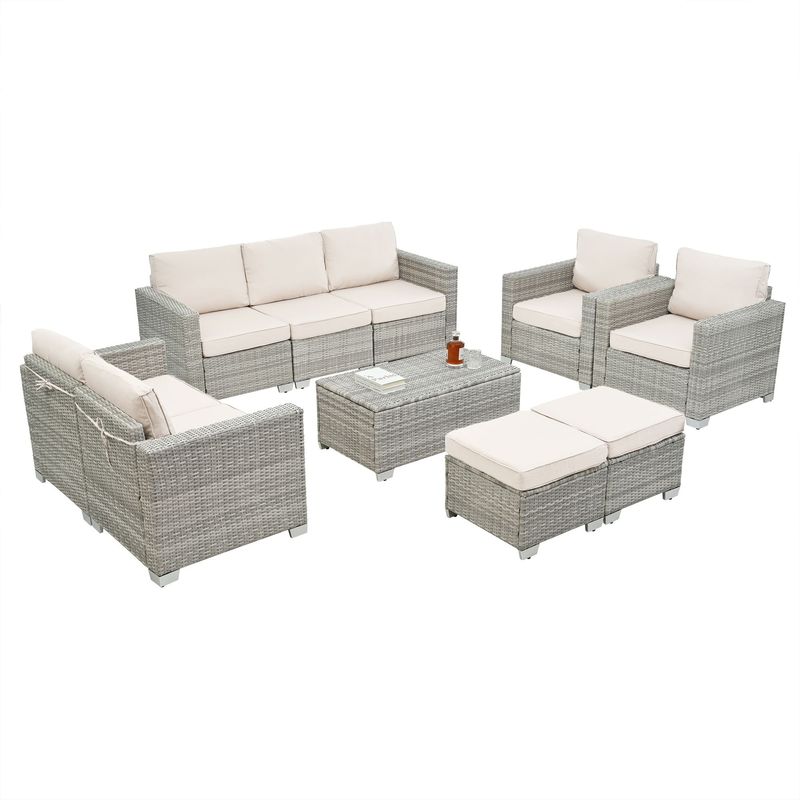 10 Piece PE Rattan Patio Furniture Set, Sectional Sofa Set, Outdoor Patio Furniture Set With Cushions & Tempered Glass Coffee Table_voghion.com