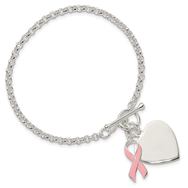 Sterling Silver Fancy Engraveable Heart With Pink Ribbon Bracelet_voghion.com