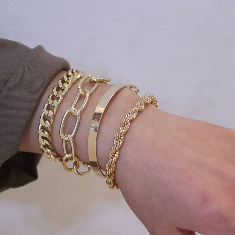 Bracciale in lega da 4 pezzi, stile hip-hop, cubano, punk, in metallo, con catena intrecciata, regalo di gioielli_voghion.com