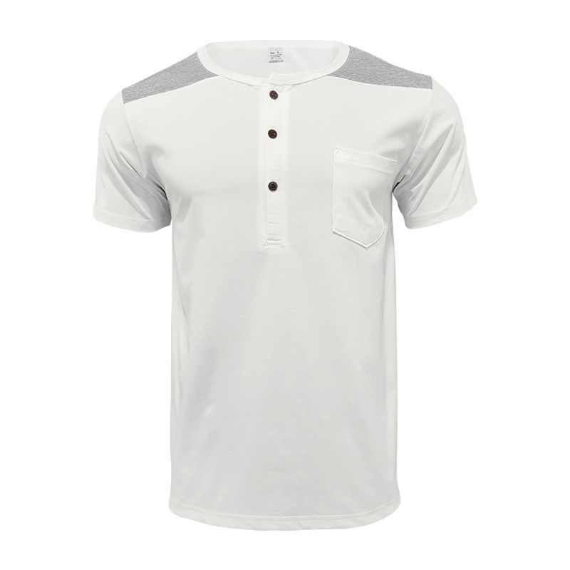 24 Sommer Herren V-Ausschnitt Knopf Farbblock Übergröße Henley Shirt Kurzarm Top_voghion.com
