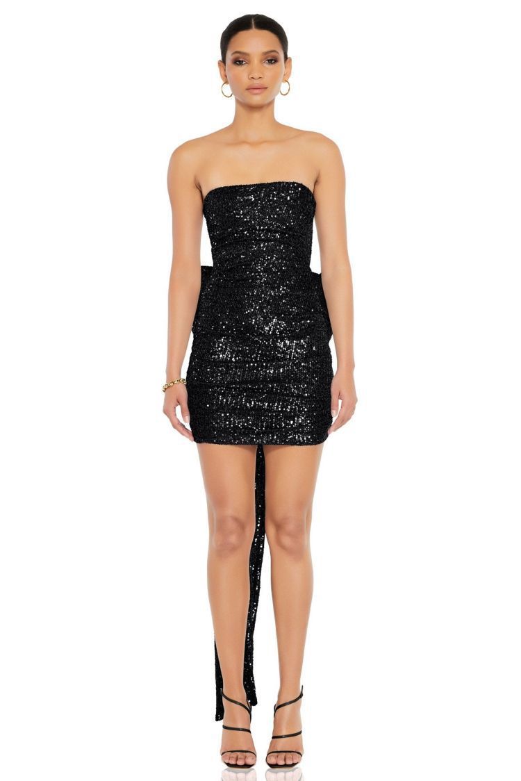 Cross border high end European and American women's sequined sexy hip wrapped tube top dress with detachable large bow decoration dress skirt_voghion.com