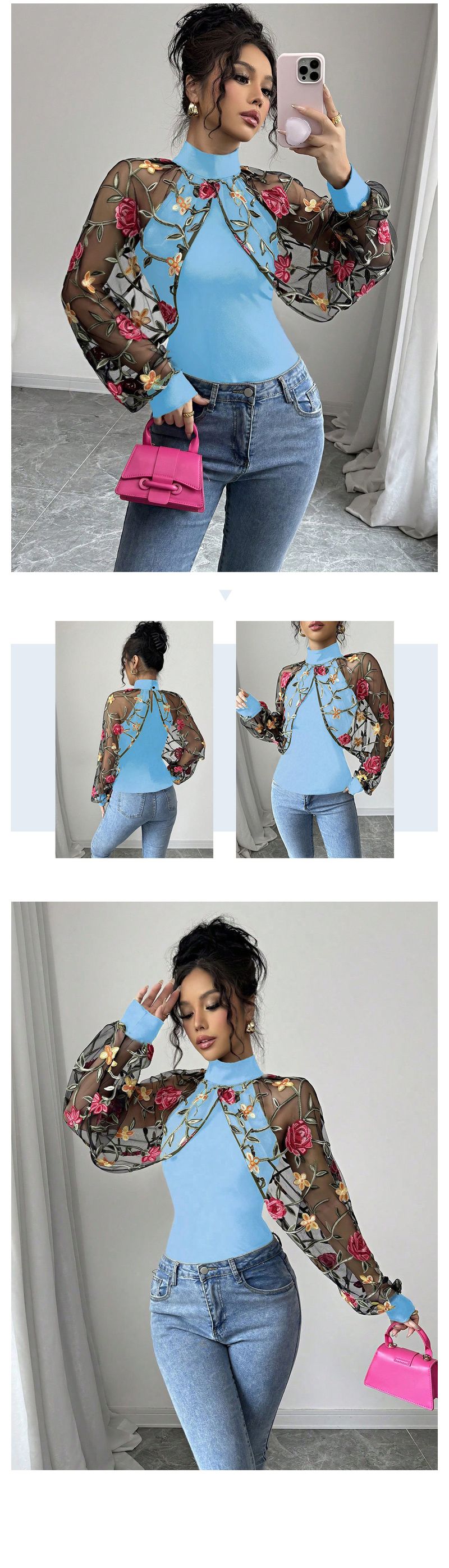 Maglietta sexy da donna con scollo a V, maniche lunghe, plissettata, in pizzo floreale ricamato, con volant, elegante camicetta femminile_voghion.com