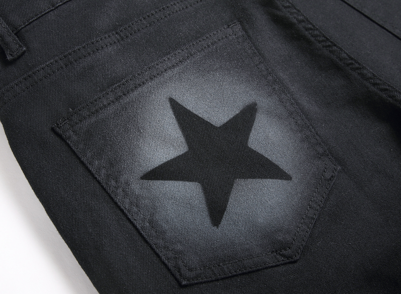 Men's Spot personalisierte handbemalte Pistolenspray-Jeans mit fünfzackigem Stern in Stretch-Schwarz mit kleiner gerader Mittelbund für Männer_voghion.com
