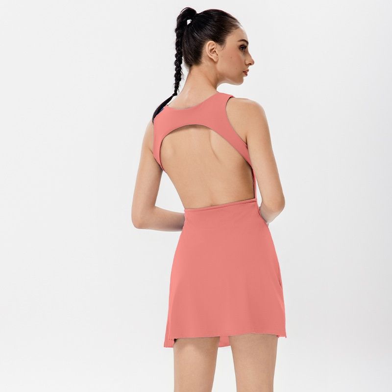 001 Cross-border Backless Solid Color Yoga Tennis Skirt Lightweight Breathable Outdoor Fitness Running Golf Sports Dress For_voghion.com