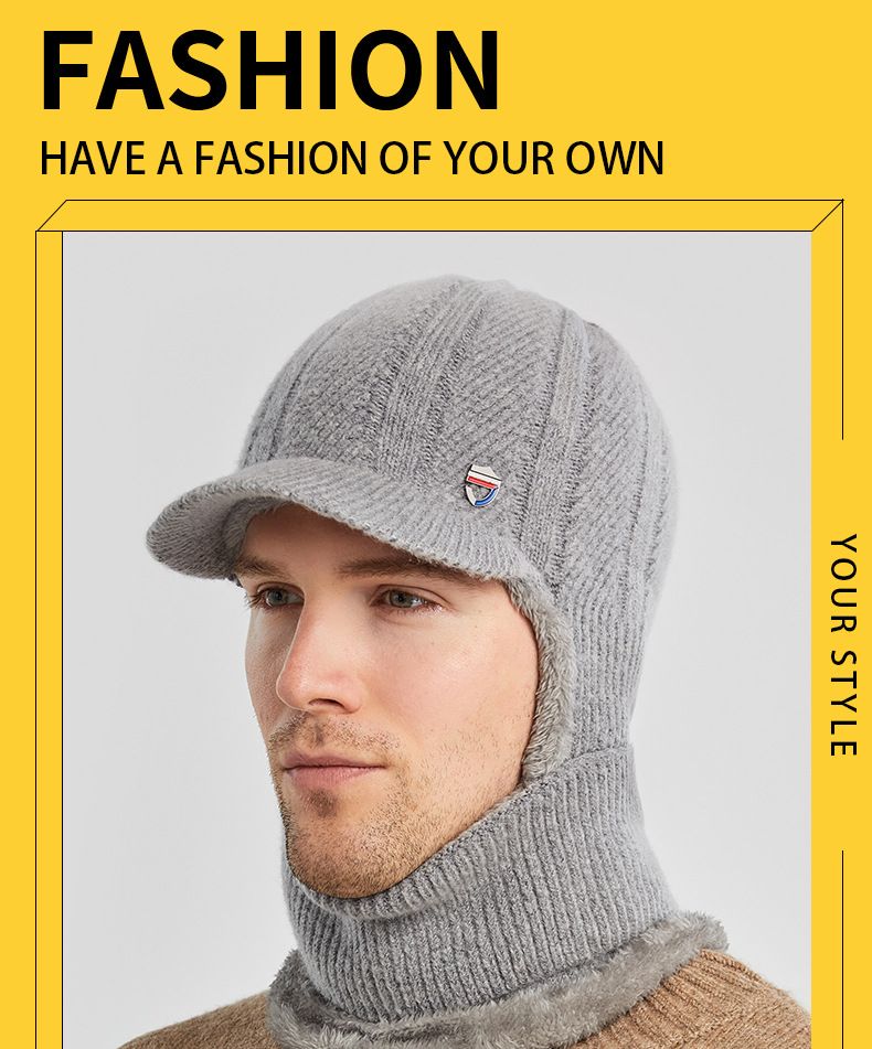 Cappello invernale alla moda in lana calda con protezione per le orecchie, antivento, sciarpa da uomo, maschera integrata, lavorato a maglia_voghion.com
