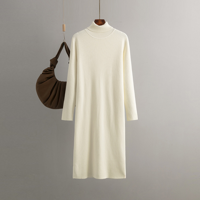 Women's Padded Loose High Neck Solid Colour Bottom Sweater Dress Knitted Dresses_voghion.com
