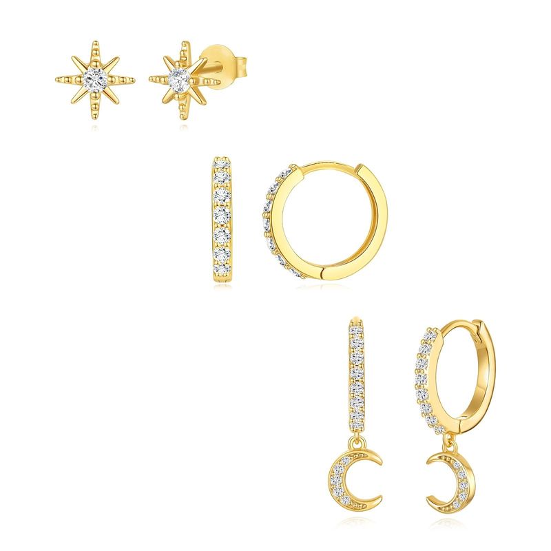 Women’s Jewelry Set Fashion Real Gold Brass Electroplating Temperament Simple Personality Six Pointed Star Inlaid Zircon Earrings Three Piece Set_voghion.com