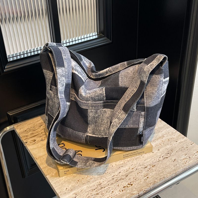 New Checkered Cowboy Canvas Single Shoulder Women's Wind Tote Bag Student Classroom Backpack Thousand Bird Grid Handbag_voghion.com