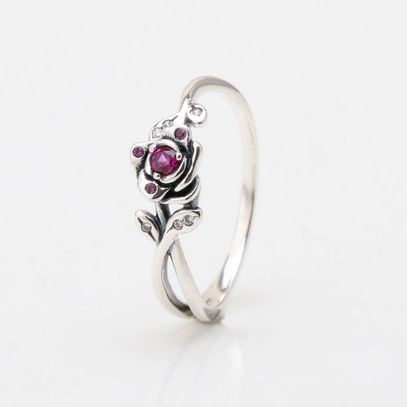 Silver Plated Rose Petal Ring Oxidized Black Copper Zirconia Jewelry EU Sizes 50-60 Travel Souvenir Gift For Women_voghion.com