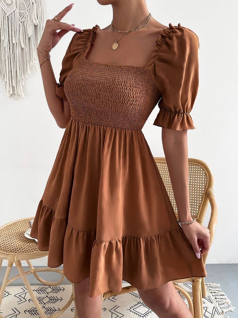 Square Collar Ruffled Short Sleeve High Waist Tight Fit Commuter Dress_voghion.com