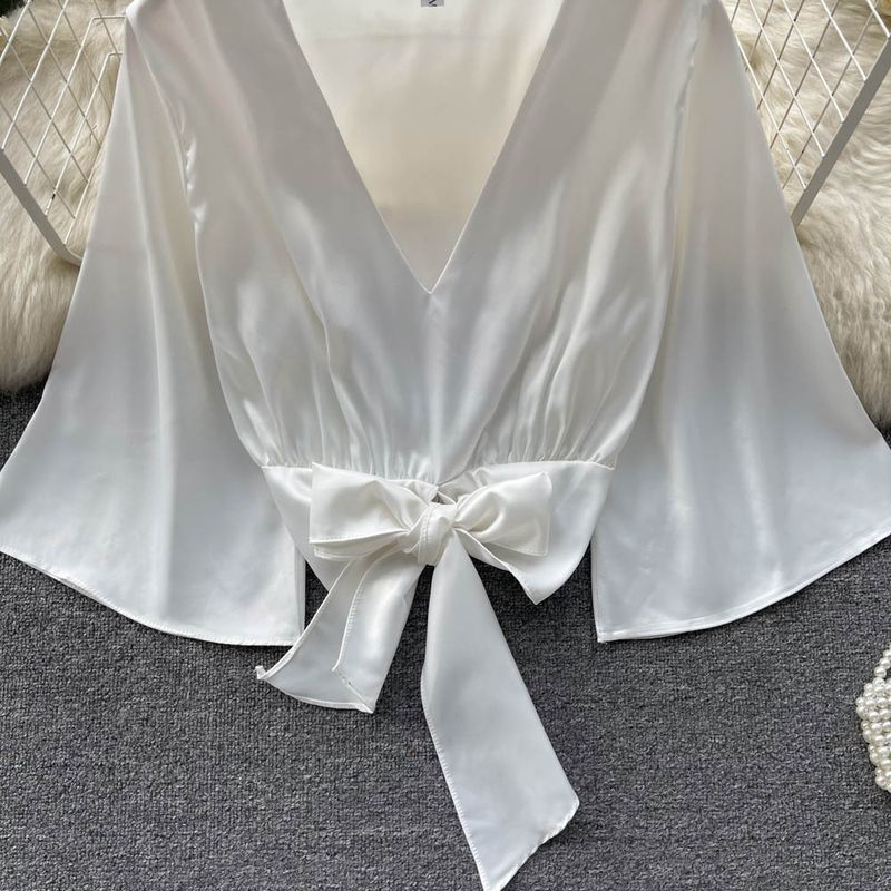 Ženska oblačila, pomlad in jesen, nov metuljček z V-izrezom, ohlapna satenasta srajca z napihnjenimi rokavi, ženski kratki top_voghion.com