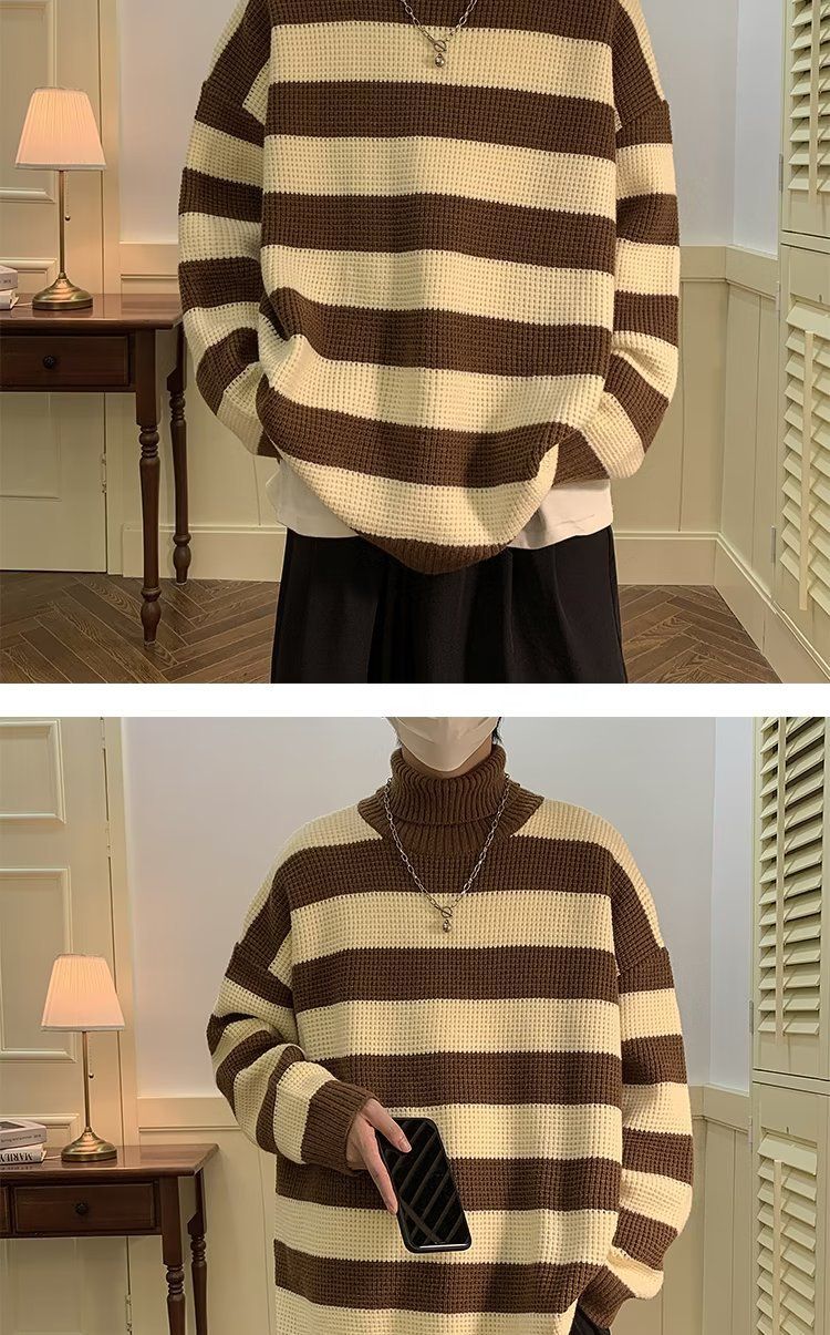 Maglione a collo alto a righe bianche e nere per uomo, stile retrò giapponese, pigro e di alta qualità. Maglione lavorato a maglia con inserti a contrasto_voghion.com