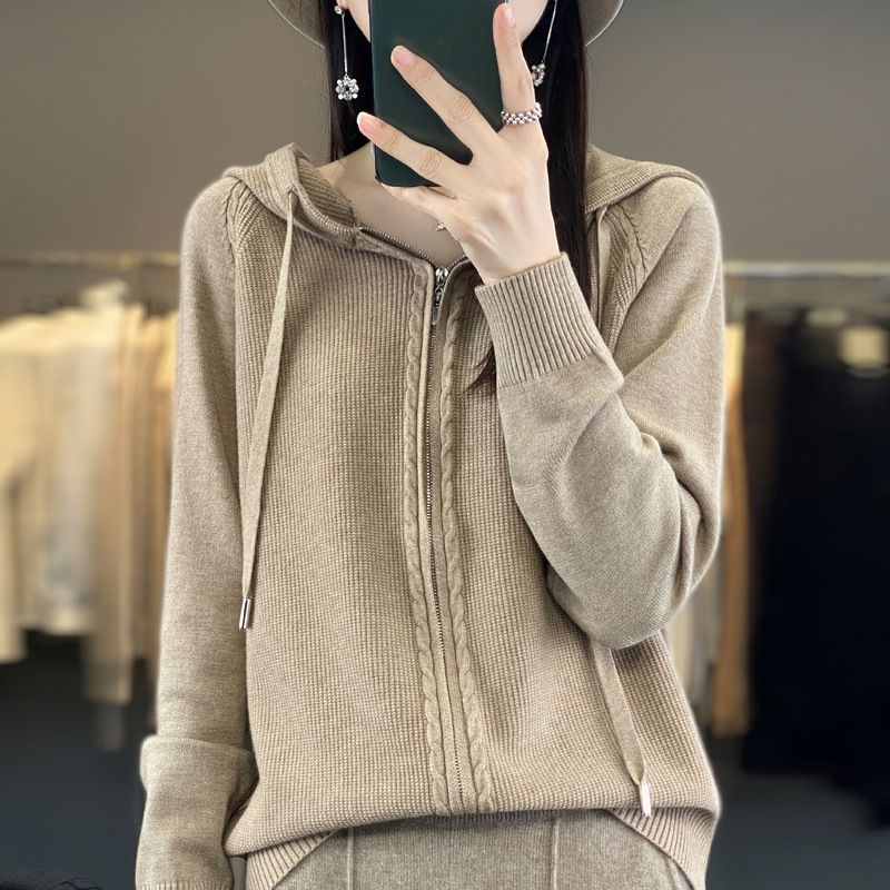 Double Zipper Knitted Cardigan Women's Hooded Sweater Autumn Winter New Loose Casual Solid Color Versatile Coat_voghion.com