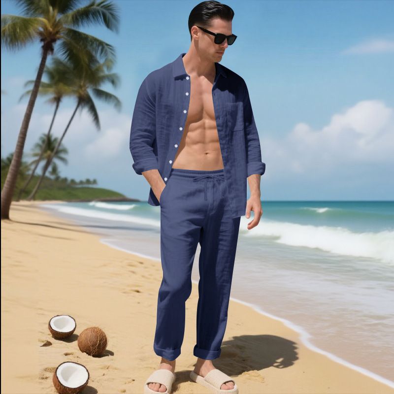 Set di pantaloni da spiaggia con risvolto semplice, camicia a maniche lunghe, tinta unita, stile europeo e americano, da uomo, stile autunnale, ampio e alla moda_voghion.com