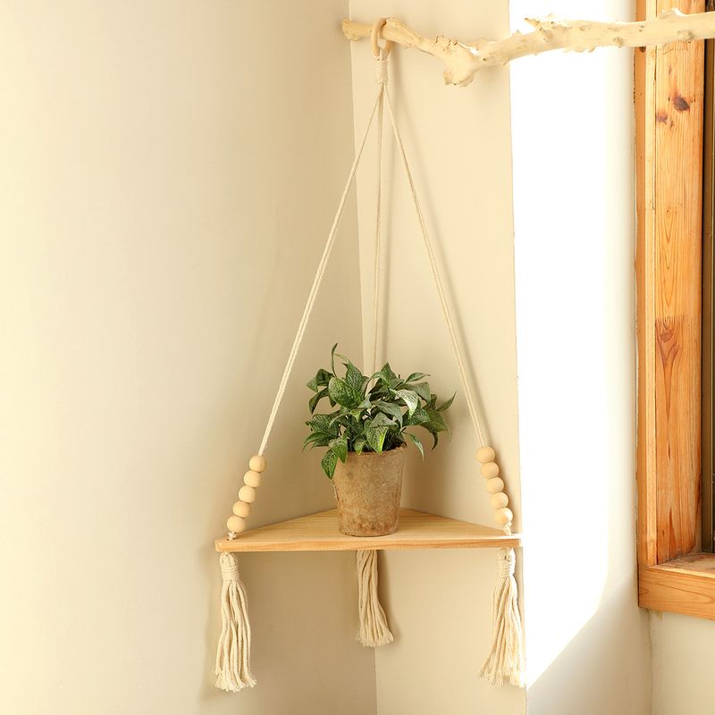 Bohemian wooden beads tassel hand-woven rack triangle wood board home home flower pot pendant storage_voghion.com