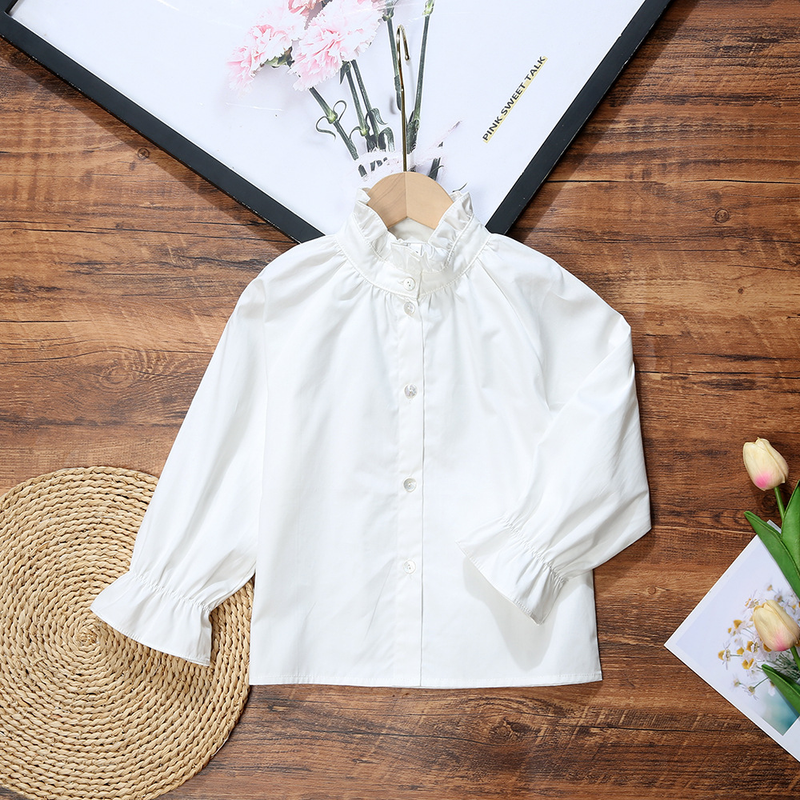 Dječja odjeća Dječja majica za djevojčice, pamučna, s ovratnikom i dugim rukavima, jednobojna čipkasta, slatka dječja_voghion.com