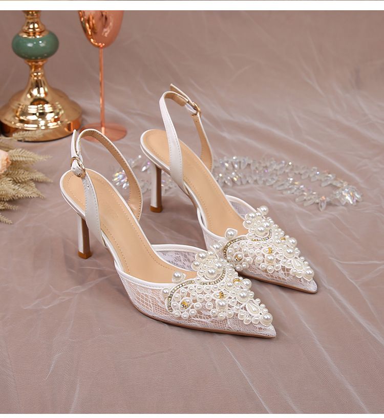 High Heels Damen Stiletto Heels Heels Sandalen Sommer Sandalen Weiß Hochzeit Spitze Damen Schuhe Mode High Heels Perle Stiletto_voghion.com