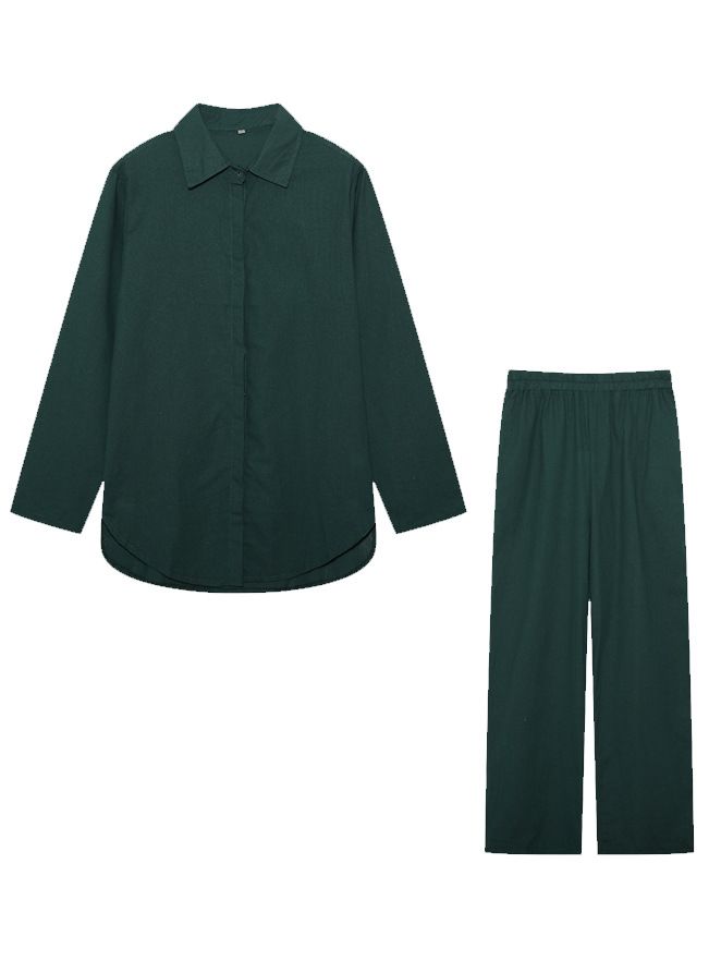 Damenbekleidung Zweiteiliges Set für Damen mit langärmeligem Revers und lässigem Frühlings- und Herbstanzug in einfarbiger Hose mit weitem Bein_voghion.com