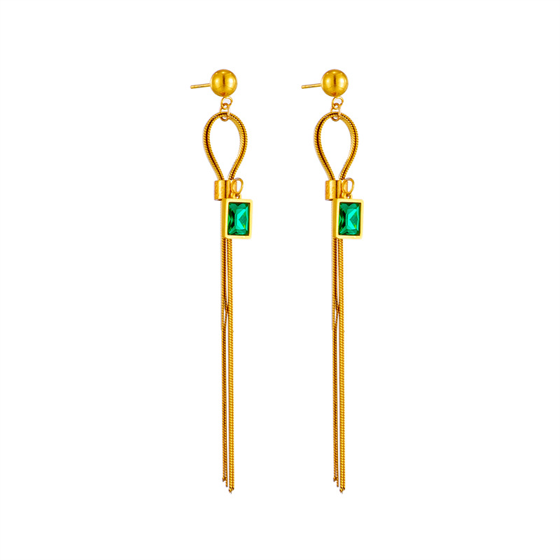 Pendientes versátiles colgantes retro simples con borla larga de diamante verde cuadrado de metal de acero de titanio transfronterizo europeo y americano_voghion.com