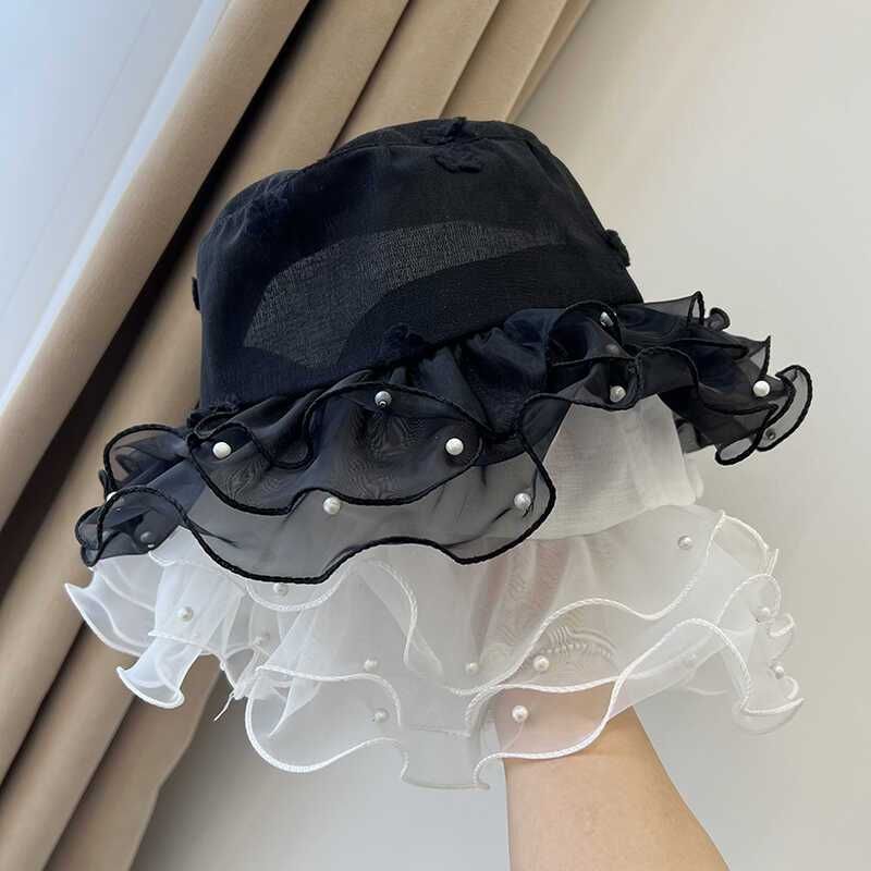 Cappello da pescatore con bordo piccolo Loli Pearl per bambini, da viaggio per scattare foto, parasole estivo, sottile, in rete, ondulato e traspirante, con bacino._voghion.com