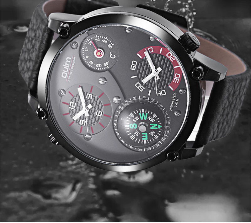 Montre analogique à quartz pour homme avec thermomètre, double fuseau horaire, boussole, grand cadran et bracelet en cuir véritable. Cadeaux élégants et luxueux._voghion.com