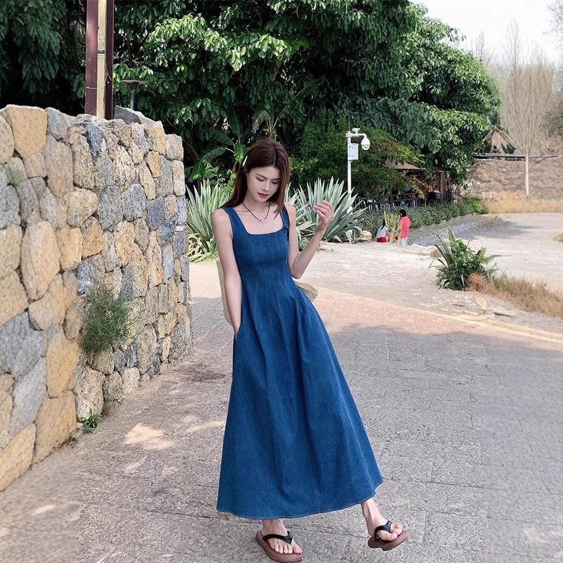 Blue Sleeveless Denim Camisole Dress For Women's Spring And Summer New Square Collar Waist Slimming French Style Long_voghion.com