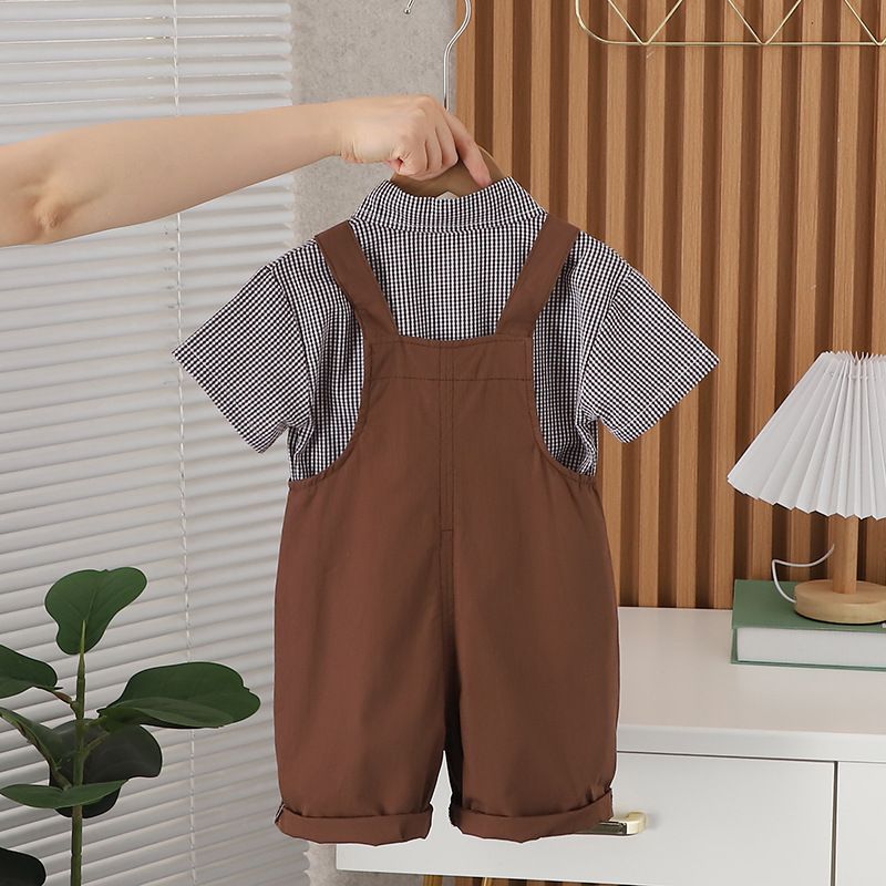 Sommer 2024 Kinder kariertes Hemd, Welpengurt, kurzärmeliges Sommeroutfit, 2-5 Jahre altes zweiteiliges Set für Jungen_voghion.com