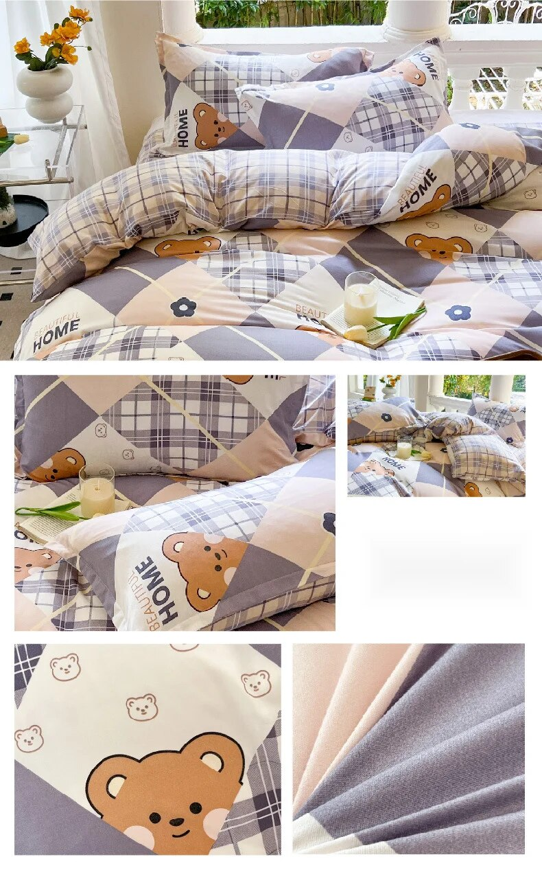 Small fresh four bed sheets and duvet covers, spring student dormitory three set of single piece cartoon bedding_voghion.com