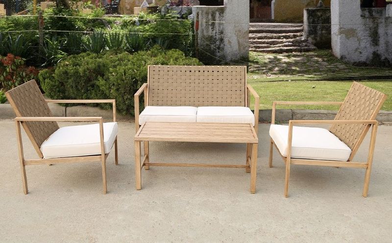 4 Pieces Metal Patio Furniture Set, Hand-Made Drawstring Outdoor Patio Conversation Sets Outside Loveseat With Soft Cushion For Garden, Backyard, Porch, Poolside_voghion.com
