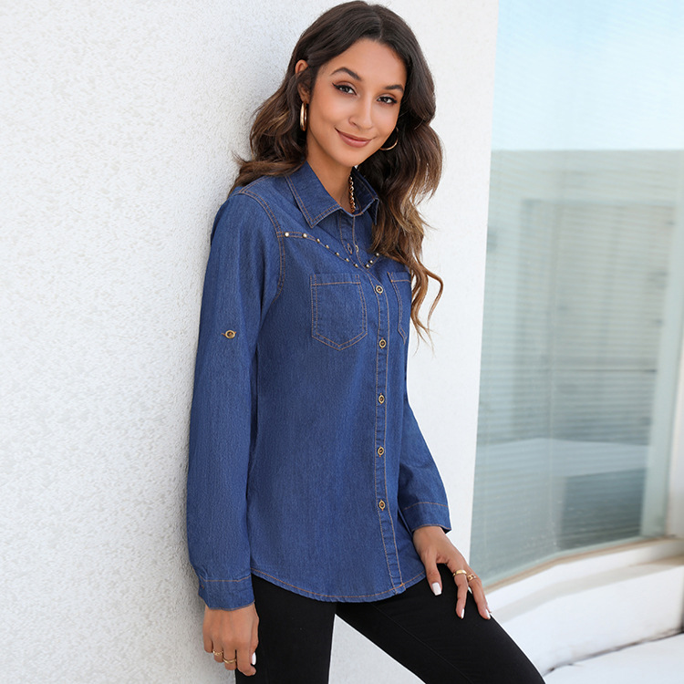 Denim-Strickjacke mit einfarbigem Temperament und Pendler-Langarm-Cardigan, einreihiger Denim-Cardigan mit Revers_voghion.com