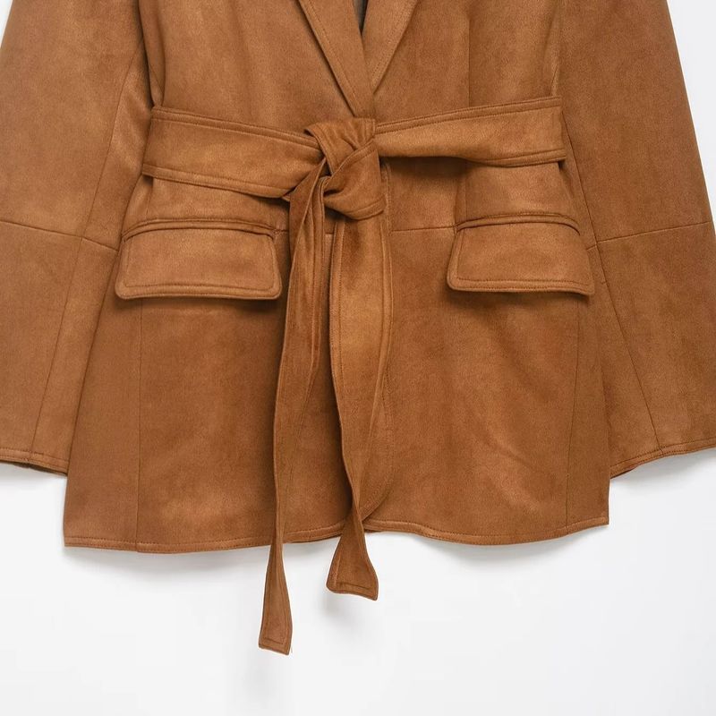 Blazer mi-long en daim et cuir avec ceinture pour femme, nouveau style tendance automne 2025_voghion.com