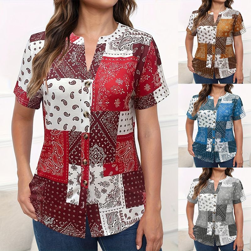 Women's spring and summer new women's cardigan national style printed short-sleeved T-shirt_voghion.com