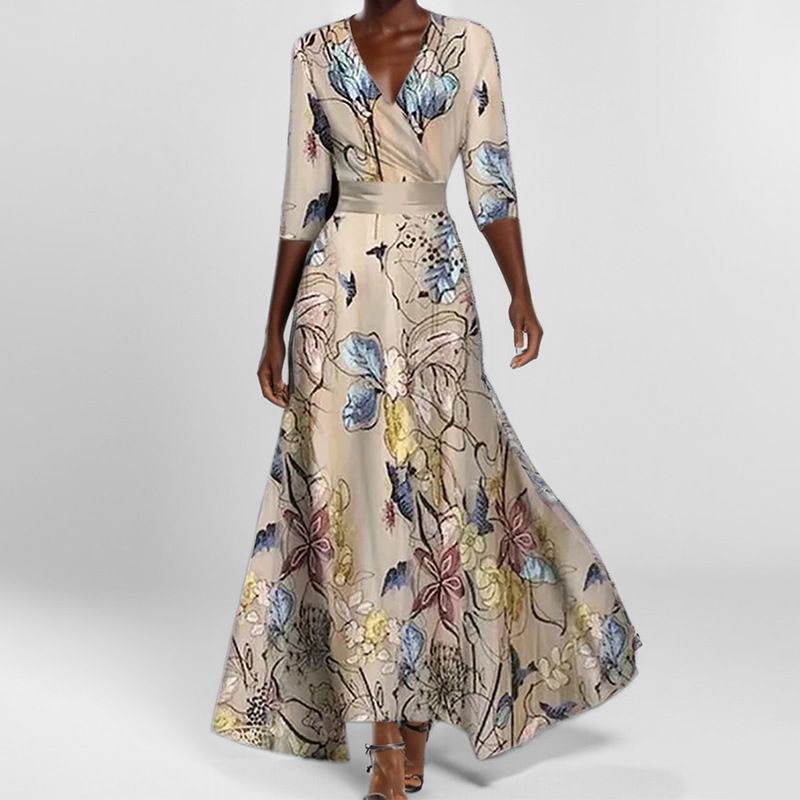 Abito a maniche lunghe con scollo a V stampato, vestibilità attillata, elegante e attillato, da donna, primavera 2025_voghion.com