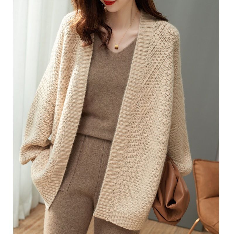 Cardigan da donna in stile vintage francese K, nuovo, in maglia grossa, ampio e comodo, di media lunghezza._voghion.com