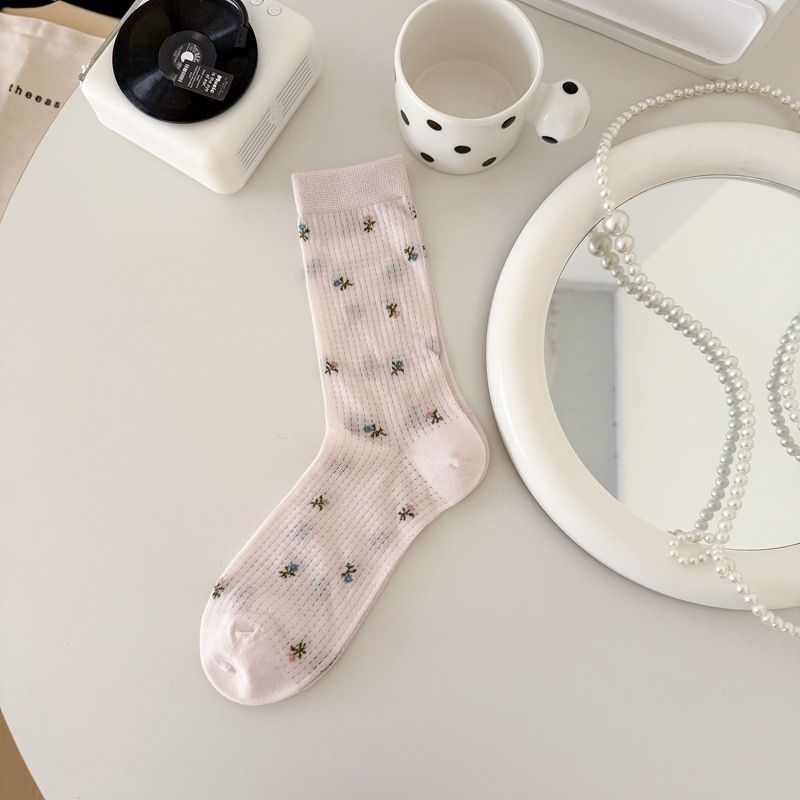 Spring Summer Seamless Thin Floral Mid-Calf For Women Mesh Breathable Fresh Versatile Women's Socks_voghion.com