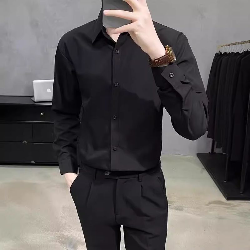 Camicia da lavoro da uomo slim fit nera a maniche lunghe, primaverile e autunnale, senza pieghe, bianca, avanzata, da uomo, in pollici_voghion.com