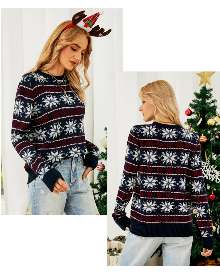 Damen-Weihnachts-Rotstrick-Weihnachtskleid mit Rundhalsausschnitt und langärmeligem Schneeblumen-Weihnachtspullover_voghion.com