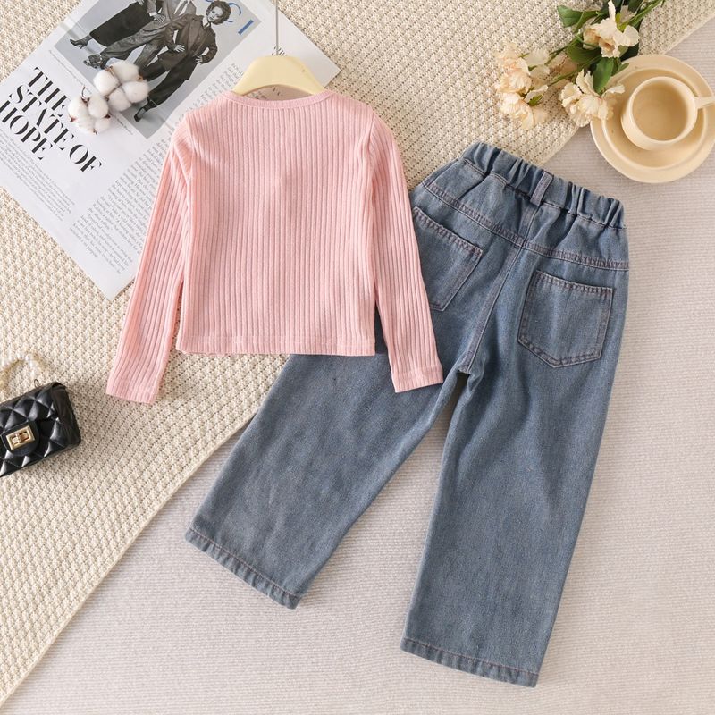 Kinder Kleidung Mädchen Anzug Herbst Neue Mädchen Langarm Rundhals Taille Top Jeans Zwei Stück Anzug_voghion.com