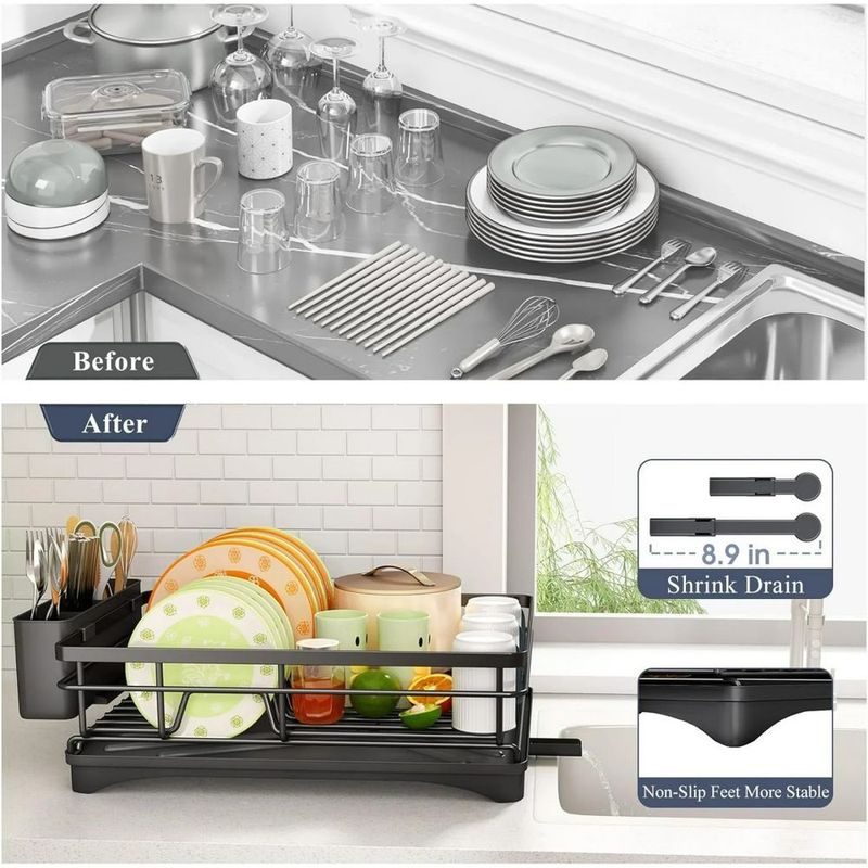 2 In Set Dish Drying Rack And Under Sink Organizer Rack, Large Dish Rack With Drainboard, 2 Tier Pull Out Cabinet Shelf For Kitchen Storage_voghion.com